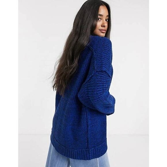 Free People High Hopes Cardigan Royal Blue Chunky Knit Sweater Oversized Size XS - Picture 2 of 7